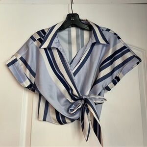 Zara Striped Wrap Blouse - Blue and White